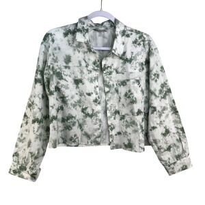 Bare Womens Light Green Tie Dye Cropped Button Down Shirt Long Sleeve Cotton M